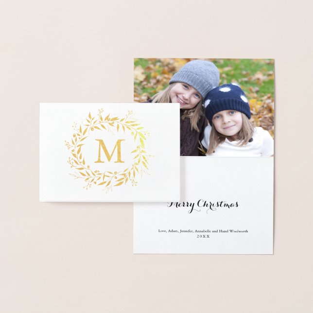 Goldfohlen Weihnachtsfeiertag Monogram Wreath Folienkarte (Anzeige)