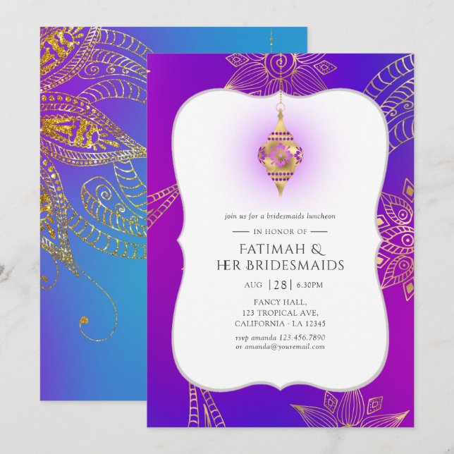 Goldfoil Arabian Bollywood Bridesmaids Luncheon Einladung (Vorne/Hinten)