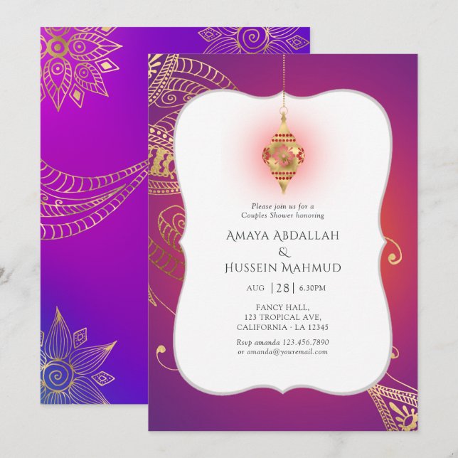 Goldfoil Arabian Bollywood Paare Dusche Einladung (Vorne/Hinten)