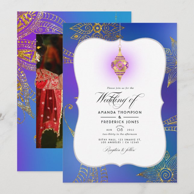 Goldfoil Arabian Bollywood Wedding Foto Invitati Einladung (Vorne/Hinten)