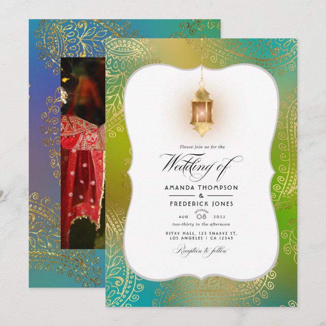 Goldfoil Arabian Bollywood Wedding Foto Invitati Einladung (Vorne/Hinten)