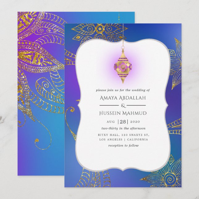 Goldfoil-Arabische Bollywood-Hochzeit Einladung (Vorne/Hinten)