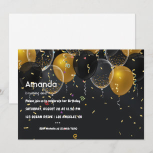 Goldfoil Ballon und Confetti Geburtstag Einladung