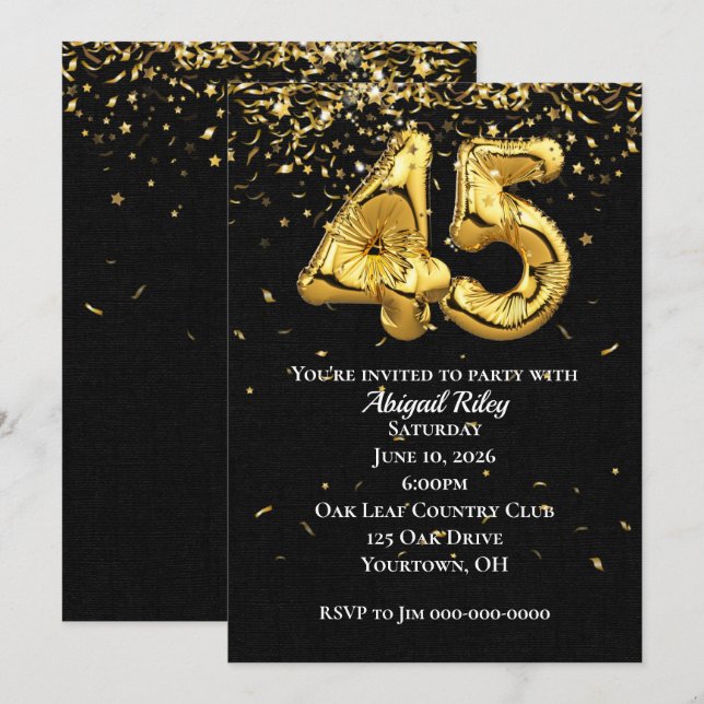 Goldfoil-Ballons 45. Geburtstagsparty Einladung (Vorne/Hinten)