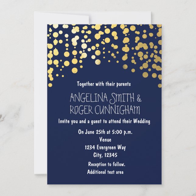 Goldfoil Confetti Navy Blue Wedding Einladung (Vorderseite)