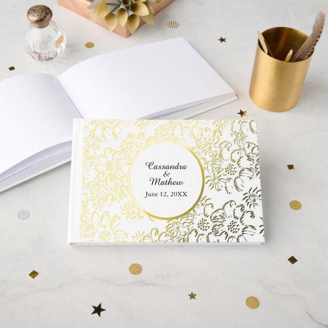 Goldfoil Daisies Blumenweiße Hochzeit Gästebuch (Vorderseite Offen)