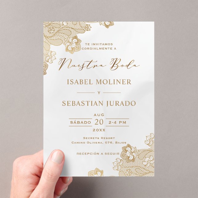 Goldfoil Lace Verziert Nuestra Boda Spanische Hoch Acryleinladungen (Insitu (Handheld))