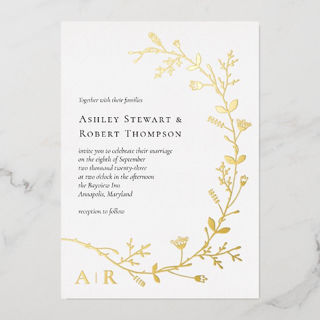 Goldfoil Vine Scroll Moderne Hochzeitseinladung, Folieneinladung (Vorderseite)