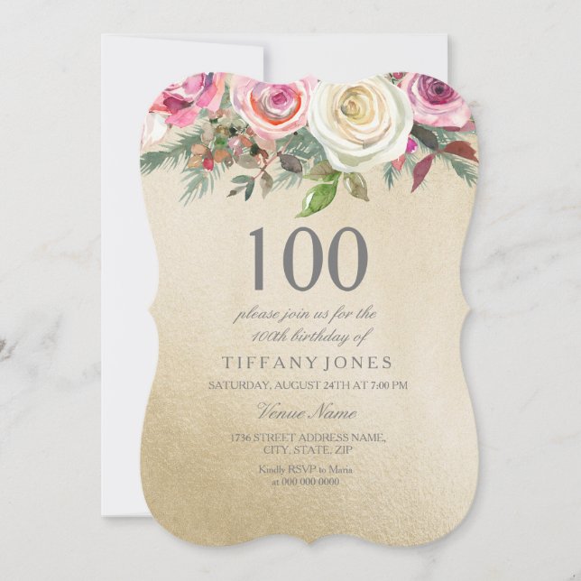 Goldfoil Weißrosa Rose 100. Geburtstag Einladung (Vorderseite)