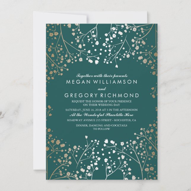 Goldfoileffekt Aquamarines Gipskraut Hochzeit Einladung (Vorderseite)