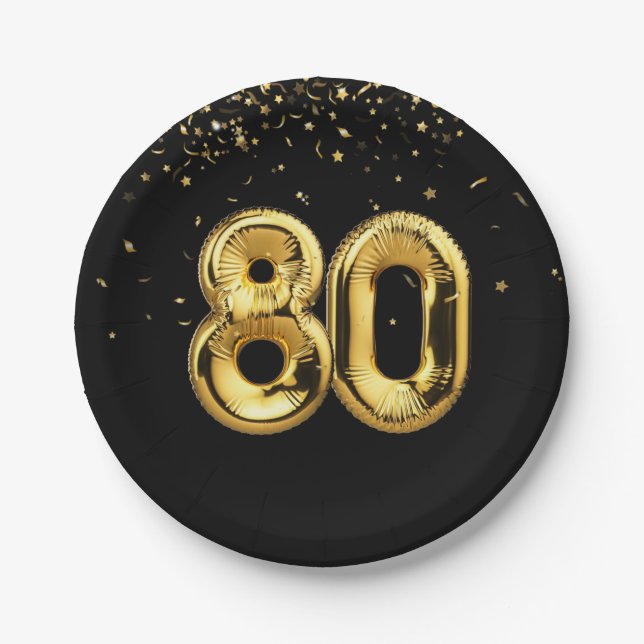 Goldfolie 80 Ballons und Konfetti Papierplatte Pappteller (Vorderseite)