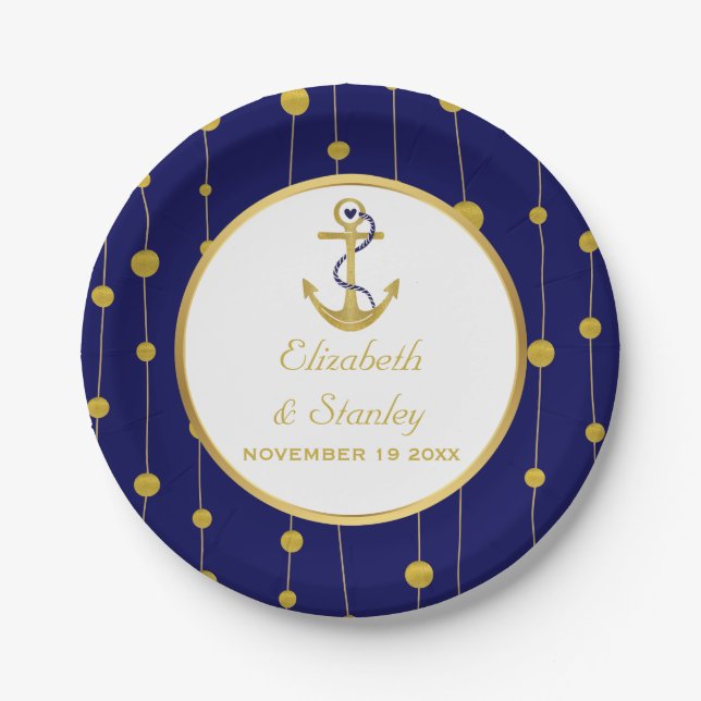 Goldfolie ankern nautische Hochzeit Pappteller (Vorderseite)