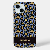 Goldfolie auf blauem Leopardenprint-Monogramm