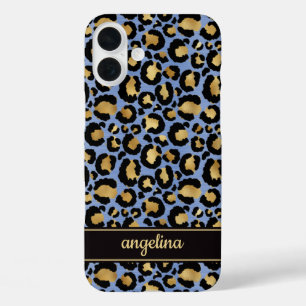 Goldfolie auf blauem Leopardenprint-Monogramm iPhone 16 Plus Hülle