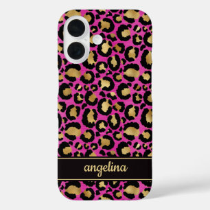 Goldfolie auf heißem rosa Leopardenprint-Monogramm iPhone 16 Hülle