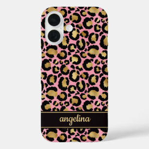 Goldfolie auf rosa Leopardenprint monogrammiert iPhone 16 Hülle