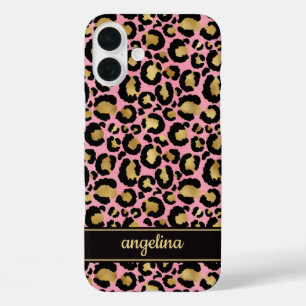 Goldfolie auf rosa Leopardenprint monogrammiert iPhone 16 Plus Hülle