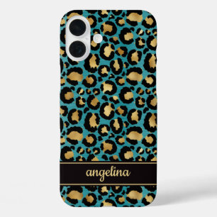 Goldfolie auf Teal-Leopardenprint monogrammiert iPhone 16 Plus Hülle