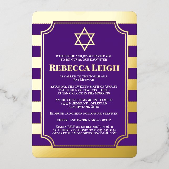 Goldfolie Bat Mitzvah Einladung mit Star (Vorderseite)