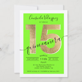 Goldfolie-Chic-Drehbuch Neon Green Quinceanera Fot Einladung