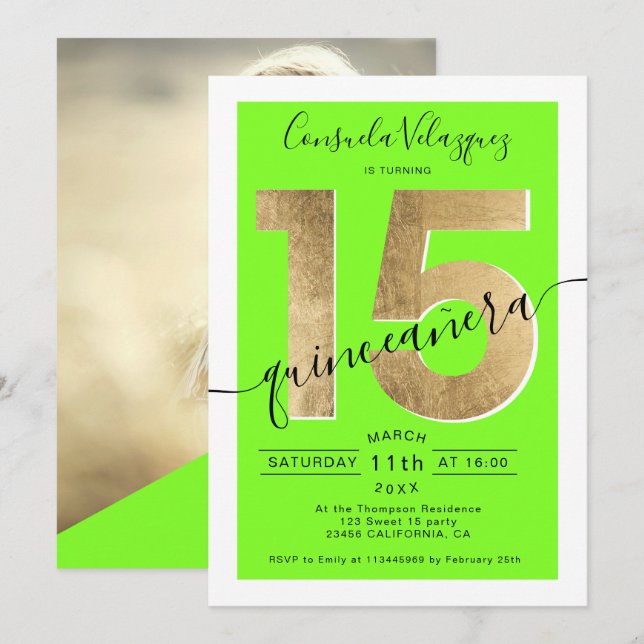 Goldfolie-Chic-Drehbuch Neon Green Quinceanera Fot Einladung (Vorne/Hinten)