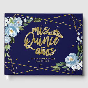 Goldfolie Dunkelblaue Florale Quinceanera-Party Gästebuch