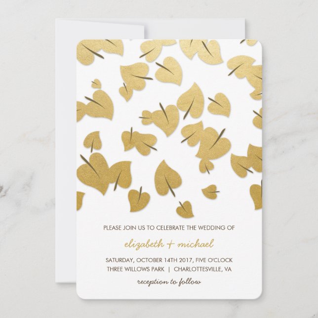 Goldfolie fallende Blätter Hochzeitseinladung Einladung (Vorderseite)
