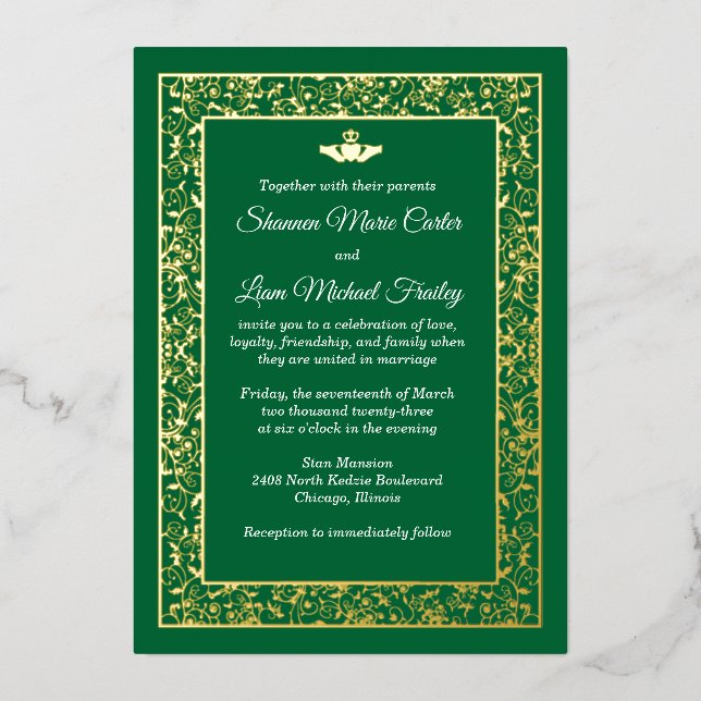 Goldfolie Filigree Claddagh Wedding Folieneinladung (Vorderseite)