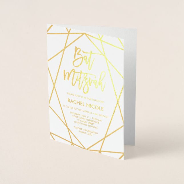 Goldfolie Geometrische Linien Bat Mitzvah Einladun Folienkarte (Vorderseite)