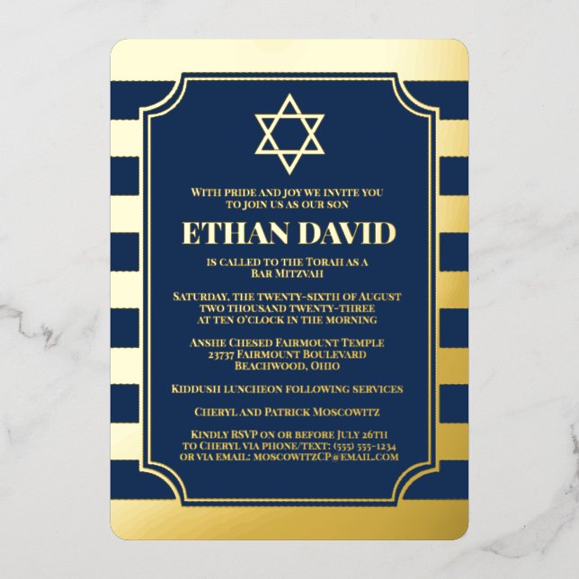 Goldfolie gestreift Bar Mitzvah Einladung mit Star (Vorderseite)