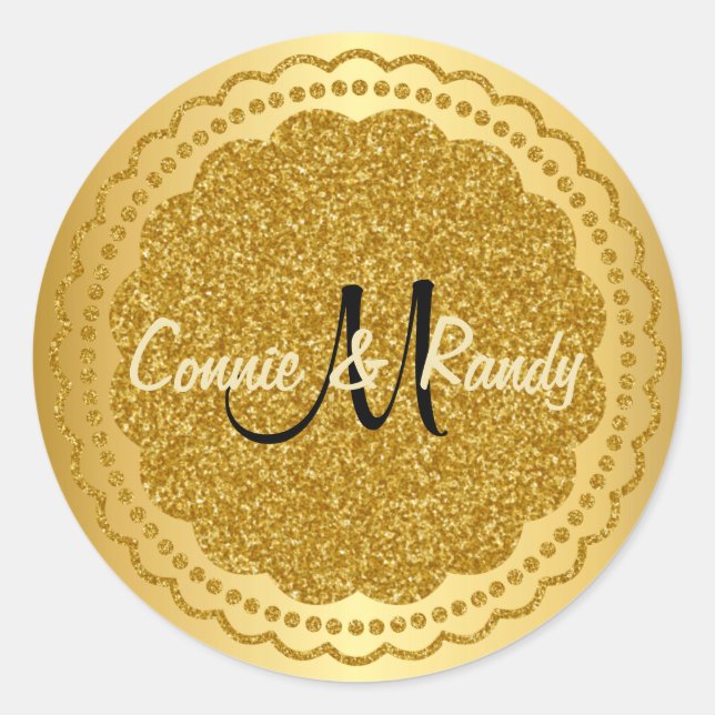Goldfolie-Glitzer Monogram-Hochzeitsticker Runder Aufkleber (Vorderseite)
