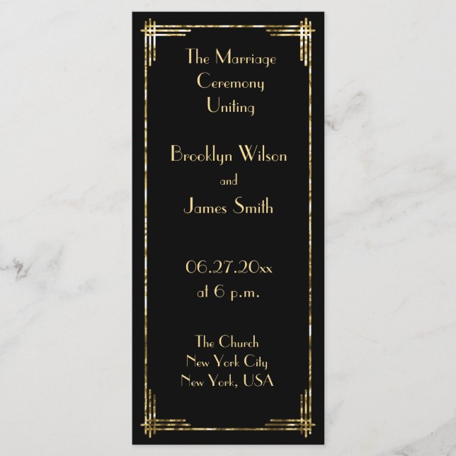 Goldfolie Great Gatsby Art Deco Hochzeitsprogramme Programm (Vorderseite)