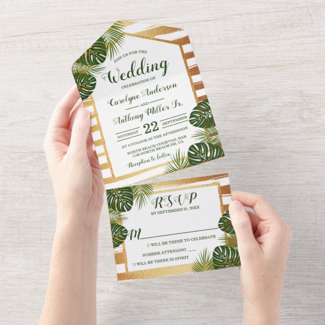 Goldfolie & Green Palm Leaf Beach Hochzeit All In One Einladung (Abreißen)