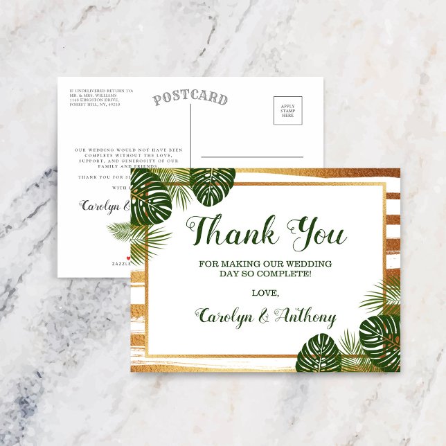 Goldfolie & Green Palm Leaf Beach Hochzeit Ankündigungspostkarte (Von Creator hochgeladen)