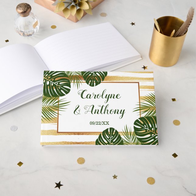 Goldfolie & Green Palm Leaf Beach Hochzeit Gästebuch (Vorderseite Offen)