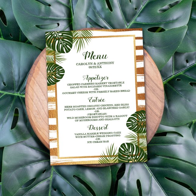 Goldfolie & Green Palm Leaf Beach Hochzeit Menükarte (Von Creator hochgeladen)