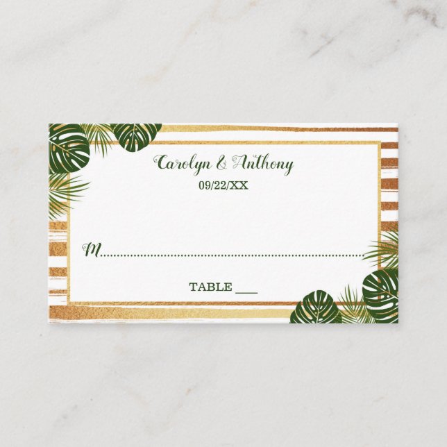 Goldfolie & Green Palm Leaf Beach Hochzeit Platzkarte (Vorderseite)