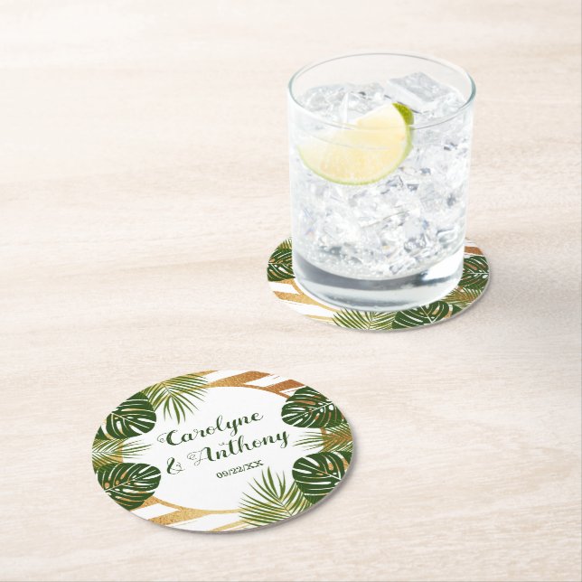 Goldfolie & Green Palm Leaf Beach Hochzeit Runder Pappuntersetzer (Vor Ort)
