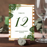 Goldfolie & Green Palm Leaf Beach Hochzeit Tischnummer<br><div class="desc">Feiern Sie stilvoll mit diesen stilvollen und sehr trendigen Hochzeitskarten. Das Design besticht durch einen schicken, gestreiften Hintergrund mit goldfarbenen und weißen Folieneffekten, tropischen Palmen-Blätter und passenden Formulierungen in grüner Farbe.. atemberaubend und perfekt für alle, die eine Hochzeitsfeier zu einem Ziel oder zum Thema Strand planen. Das Design lässt sich...</div>