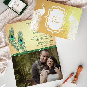Goldfolie Grüne Pfauenfeder Hochzeitseinladung Folienkarte