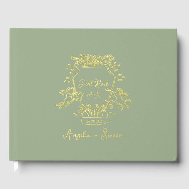 Goldfolie Handgezeichnetes Wappen Sage Green Weddi Gästebuch (Vorderseite)