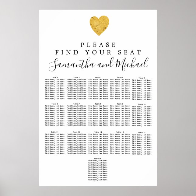 Goldfolie Herz 16-Tisch Hochzeitskarte Poster (Vorne)