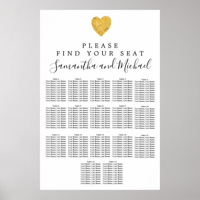 Goldfolie Herz 17-Tisch Hochzeitskarte Poster (Vorne)