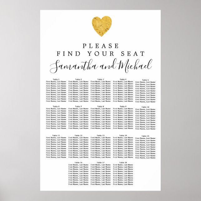 Goldfolie Herz 18-Tisch Hochzeitskarte Poster (Vorne)