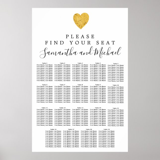 Goldfolie Herz 19-Tisch Hochzeitskarte Poster (Vorne)