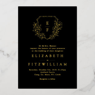 Goldfolie Kirschblüten Monogramm Wappen Schwarz Folieneinladung