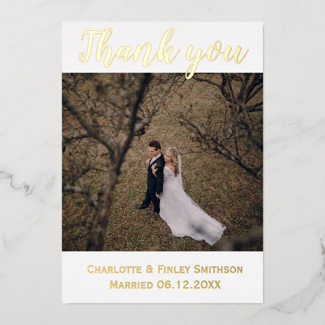 Goldfolie modern 2 Foto Hochzeit danke Karte (Vorderseite)