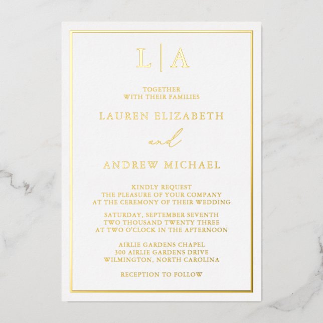 Goldfolie Monogram Border Minimalistisch Wedding Folieneinladung (Vorderseite)