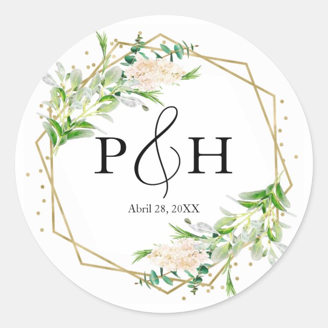 Goldfolie Monogram Geometric Greenerity Wedding Runder Aufkleber (Vorderseite)