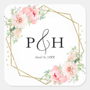 Goldfolie-Monogramm geometrische florale Hochzeit Quadratischer Aufkleber